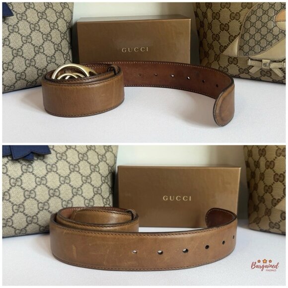 Authentic Gucci Brown Leather Gold Interlocking G Buckle Belt 80/32 - Picture 7 of 13